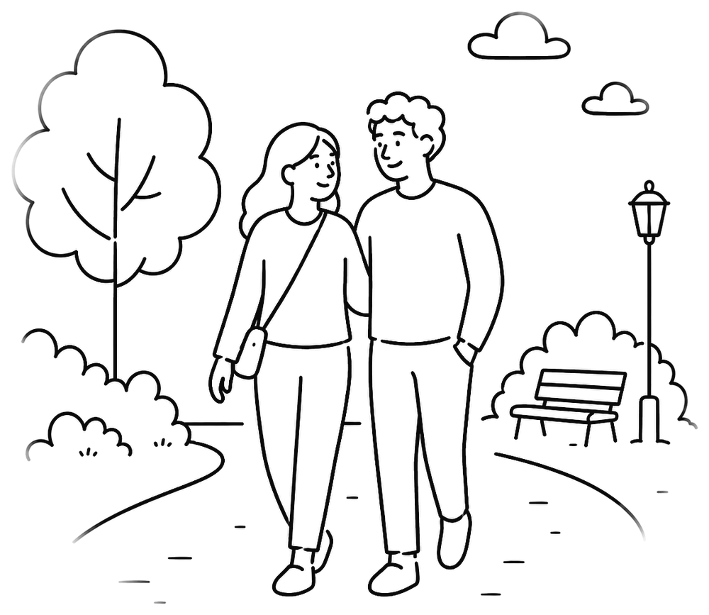 Line drawing of a couple walking through a park